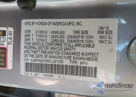 2019 Honda Cr-V Ex z USA, uszkodzony, nr VIN 5J6RW2H55KL021035